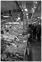 Fruit and vegetable market in Main Arcade, Pike Place Market. Seattle, Washington (black and white)
