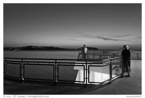 Ferry deck, landscape with motion blur at dusk. Olympic Peninsula, Washington (black and white)