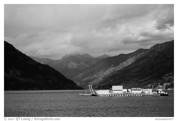 Barge and mountains, Lake Chelan. Washington (black and white)