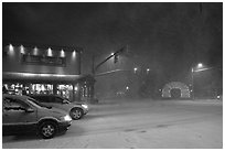 Street in snow blizzard by night. Jackson, Wyoming, USA (black and white)