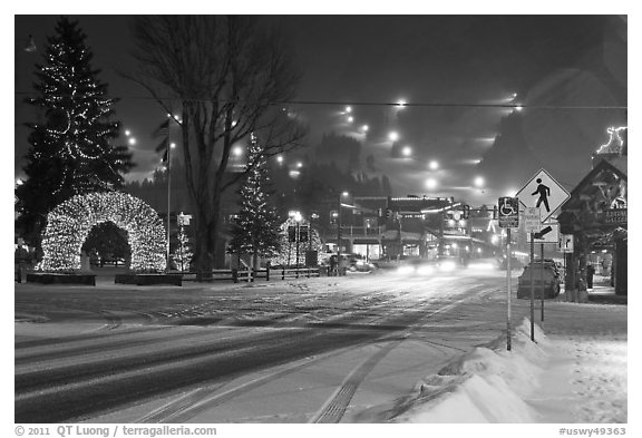 Street and town square with fresh snow by night. Jackson, Wyoming, USA (black and white)