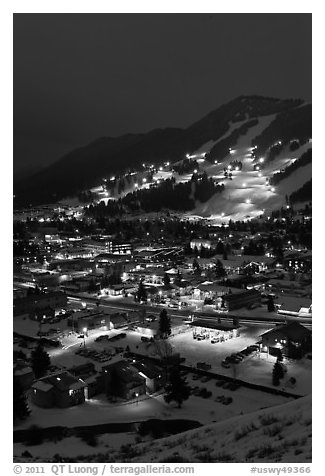 Town and Snow King ski hill from above at night. Jackson, Wyoming, USA (black and white)
