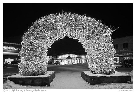 Antler arch and galleries by night in winter. Jackson, Wyoming, USA (black and white)