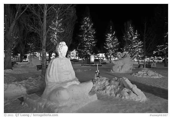 Ice sculptures on Town Square by night. Jackson, Wyoming, USA (black and white)