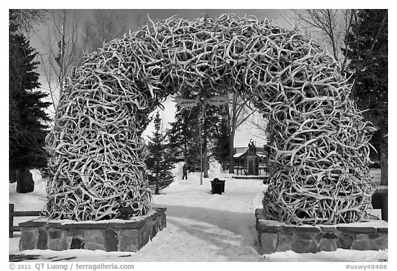Antler Arch and Town Square in winter. Jackson, Wyoming, USA (black and white)