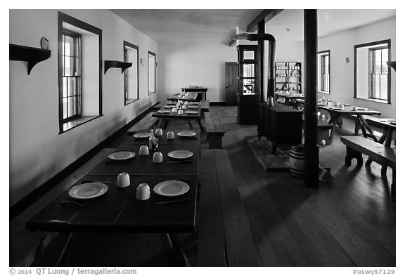 Dinning room in Cavalry Barracks. Fort Laramie National Historical Site, Wyoming, USA (black and white)