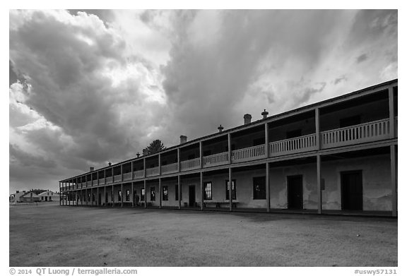 Barracks and storm clouds. Fort Laramie National Historical Site, Wyoming, USA (black and white)