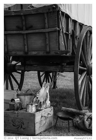 Pionneer wagon and camp gear. Fort Laramie National Historical Site, Wyoming, USA (black and white)