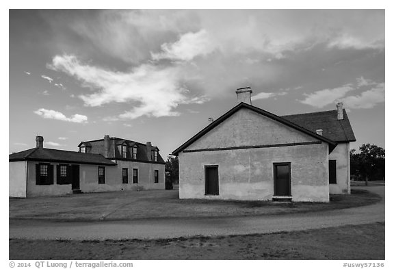 Colonel Quarters and Post Surgeon Quarters. Fort Laramie National Historical Site, Wyoming, USA (black and white)