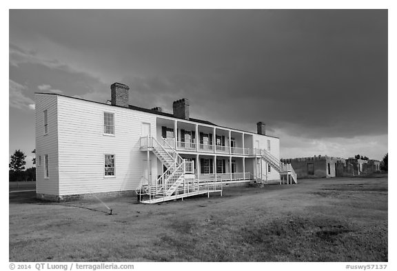 Old Bedlam, oldest building in Wyoming. Fort Laramie National Historical Site, Wyoming, USA (black and white)