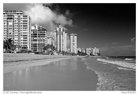 Beach and waterfront, new town. San Juan, Puerto Rico (black and white)