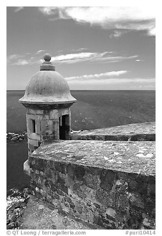 Lookout turret and ocean, El Castillo Del Morro Fortress. San Juan, Puerto Rico (black and white)