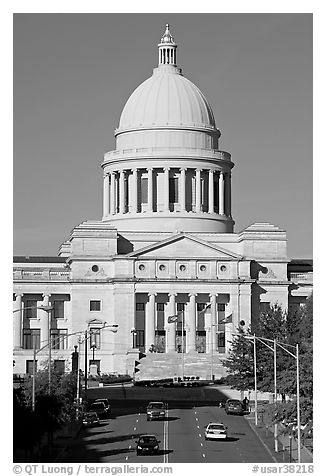 Arkansas State Capitol and street. Little Rock, Arkansas, USA (black and white)