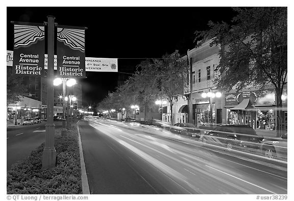 Historic district avenue with car lights. Hot Springs, Arkansas, USA