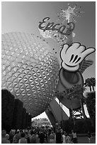 Spaceship earth and Epcot sign. Orlando, Florida, USA (black and white)