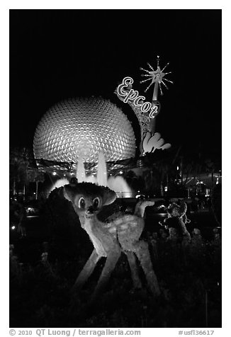 Bambi and Epcot sphere by night, Walt Disney World. Orlando, Florida, USA (black and white)