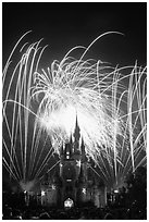 Fireworks over fairy-tale fortress. Orlando, Florida, USA (black and white)