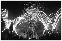 Night Fireworks, Cinderella Castle, Walt Disney World. Orlando, Florida, USA (black and white)