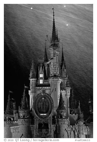 Illuminated Cinderella Castle, fireworks. Orlando, Florida, USA