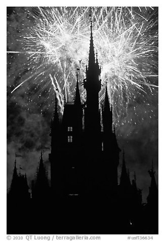 Cinderella Castle at night with fireworks in sky. Orlando, Florida, USA (black and white)