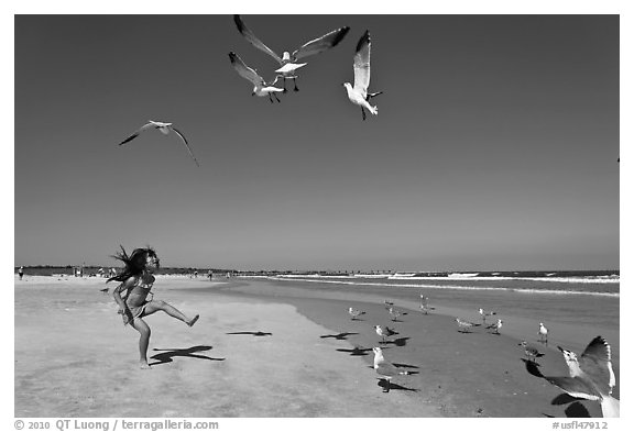 Beach with flying seagulls and girl, Jetty Park. Cape Canaveral, Florida, USA (black and white)