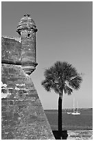 Corner bastion of the Spanish built fort and walls made of coquina masonry units. Castillo de San Marcos National Monument. St Augustine, Florida, USA ( black and white)