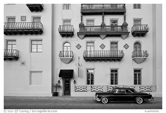 Classic car and hotel facade St Augustine Florida USA black and white