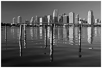 Bridge, pillings, and downtown skyline, Miami. Florida, USA ( black and white)
