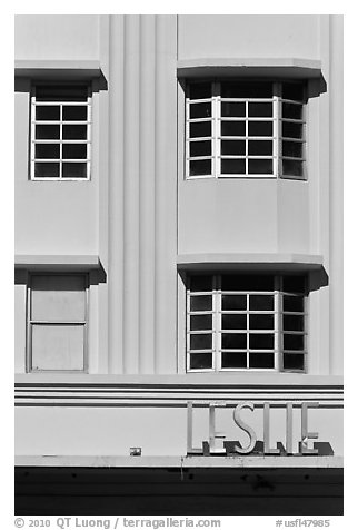 Detail of boxy Art Deco facade, Miami Beach. Florida, USA (black and white)