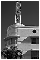 Deco-style spire on top of Essex hotel, Miami Beach. Florida, USA (black and white)