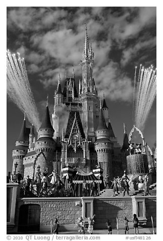 Daytime fireworks and stage show, Cindarella castle. Orlando, Florida, USA (black and white)