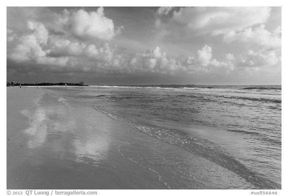 Sky reflecting in wet sand, Fort De Soto beach. Florida, USA (black and white)