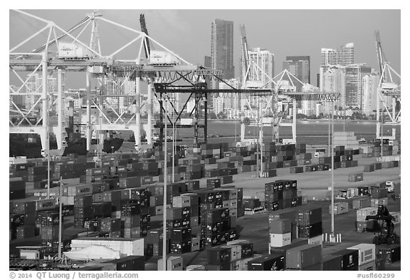 Shipping containers, cranes, and skyline, Miami. Florida, USA (black and white)