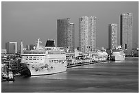 Cruise ship terminal and skyline, Port of Miami. Florida, USA ( black and white)