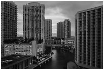 Brickell high-rise towers and Miami River at sunset, Miami. Florida, USA ( black and white)