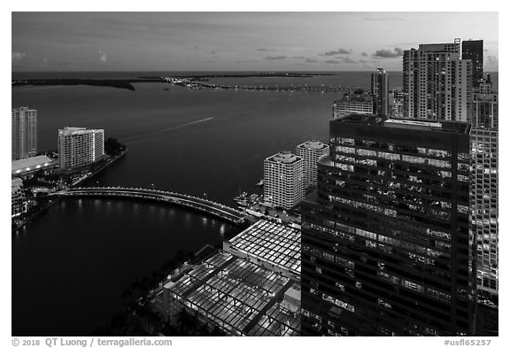 Biscayne Bay, Brickell Key Bridge, and Key Biscayne at dusk, Miami. Florida, USA (black and white)