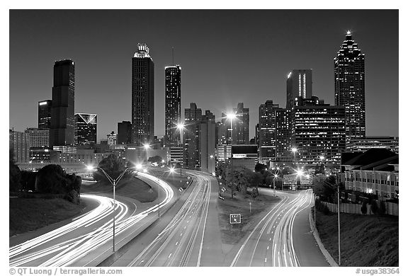 Atlanta skyline and highway at night. Atlanta, Georgia, USA (black and white)