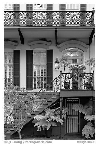 House entrance with lights. Savannah, Georgia, USA (black and white)