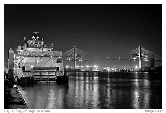 Riverboat, and Savannah Bridge at night. Savannah, Georgia, USA (black and white)