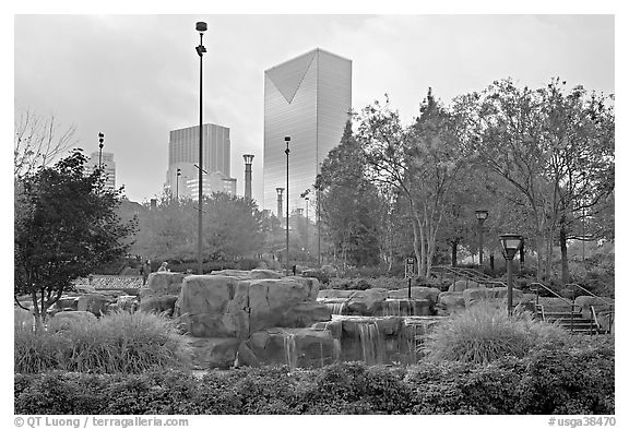 Fall colors and cascades in Centenial Olympic Park with skyline. Atlanta, Georgia, USA (black and white)