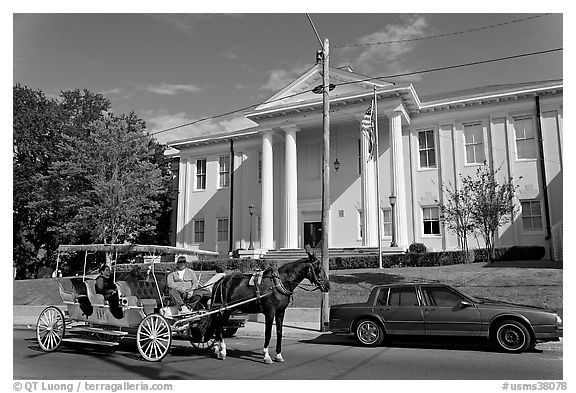 Horse carriage in front of the courthouse. Natchez, Mississippi, USA (black and white)