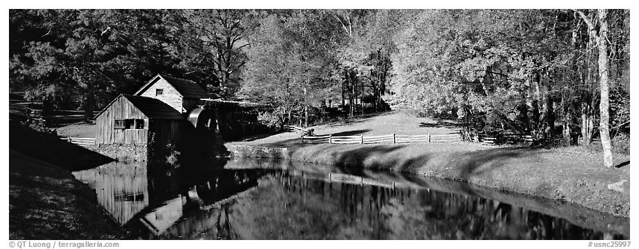Mill and pond in autumn. Virginia, USA (black and white)