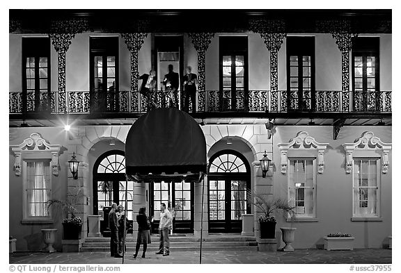 Mills house hotel facade with balconies at night. Charleston, South Carolina, USA (black and white)