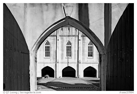 Entrance of historic Beaufort Arsenal. Beaufort, South Carolina, USA (black and white)