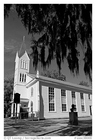 Tabernacle Baptist Church with hanging spanish moss and Robert Smalls memorial. Beaufort, South Carolina, USA (black and white)