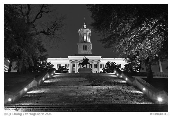 Stairs leading up to Tennessee Capitol by night. Nashville, Tennessee, USA (black and white)