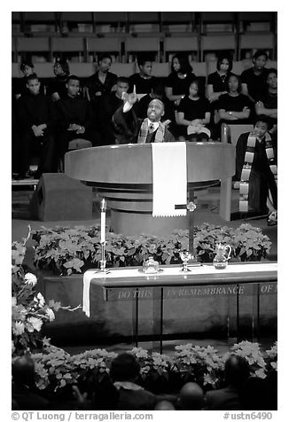 Minister preaching during in Mississipi Boulevard Christian Church. Memphis, Tennessee, USA (black and white)