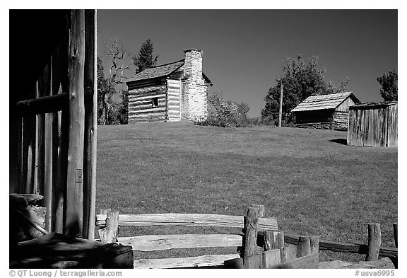 Cabins, Booker T. Washington National Monument. Virginia, USA (black and white)