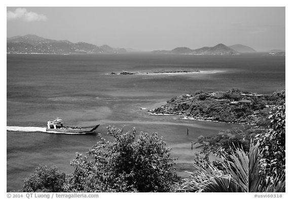 Car barge approaching harbor. Saint John, US Virgin Islands (black and white)