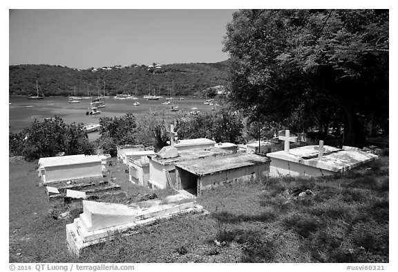 Cemetery overlooking harbor, Cruz Bay. Saint John, US Virgin Islands (black and white)